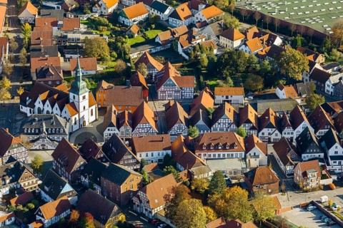 Historic centre with half-timbered houses and the church of St. John Baptist