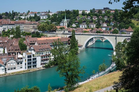 View of the historic centre with the Aar River or Aare River with the Nydegg Bridge