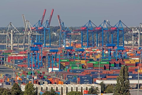 View from the Kohlbrand Bridge onto the Port of Hamburg