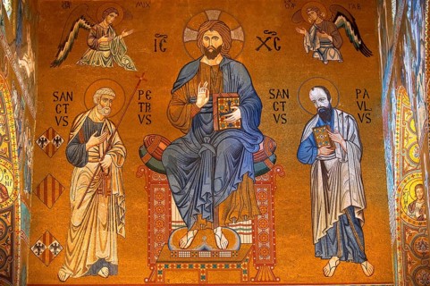 Byzantine mosaics of Christ Pantocrator with Saint Peter and Paul above the throne stage at the Palatine Chapel or Cappella Palatina