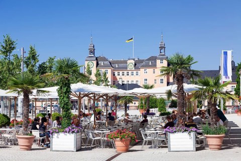 Sidewalk cafe and Schloss Schwetzingen Castle
