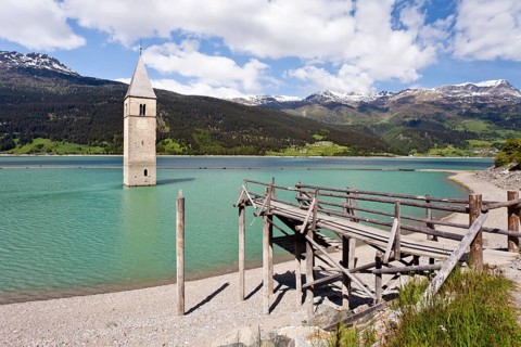 Steeple of Altgraun in Lake Reschen