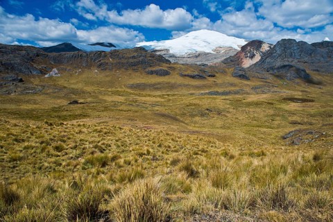 Snow-capped mountain peak rising over a high valley