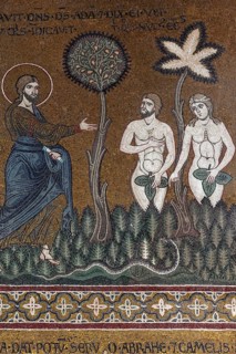 God speaking to Adam and Eve who are covered with a fig leaf