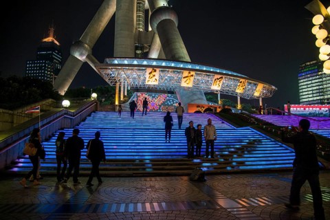 Illuminated stairs of the Oriental Pearl Tower