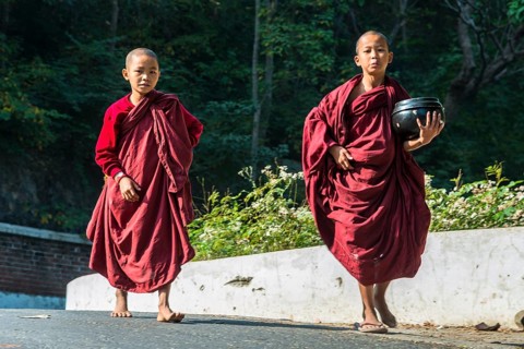 Young Buddhist novices with begging bowls collecting alms in the morning
