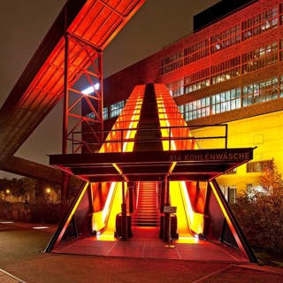 Illuminated gangway to the Ruhr Museum at the Zeche Zollverein Coal Mine Shaft XII
