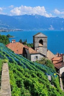 View over the wine-producing village and Lake Geneva towards Lausanne