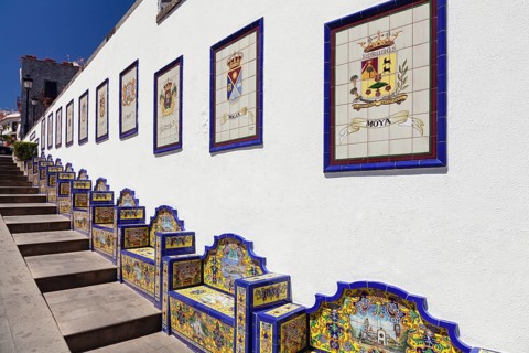Benches decorated with ceramic tiles