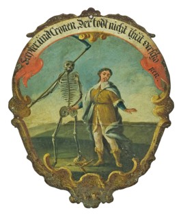 Painted metal plaque of the Edlitzer Dance of Death