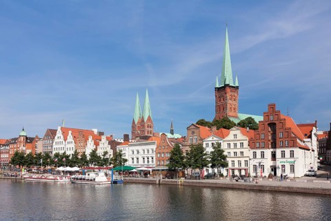 Stadttrave river or Trave River with the historic centre of Lubeck