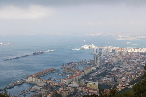 View of Gibraltar with its harbour and Bay of Gibraltar from Rock of Gibraltar