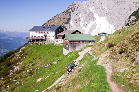 Gruttenhuette mountain hut along the Wilder-Kaiser-Steig hiking trail
