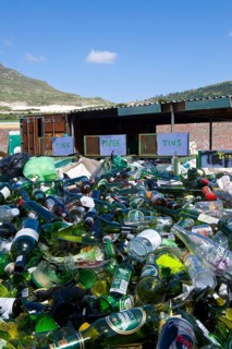 Glass bottles at a collecting point for recycling