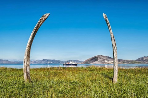 Tourist boat anchored off Yttygran Island