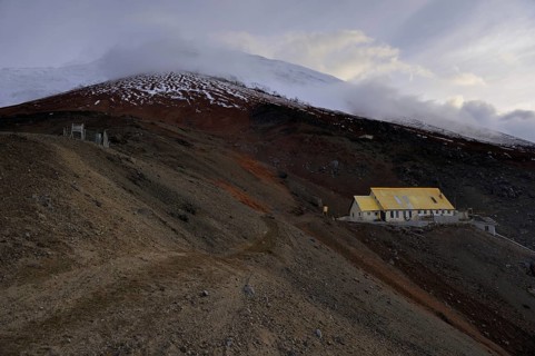 Jose Ribas Hut and the summit of Cotopaxi Volcano
