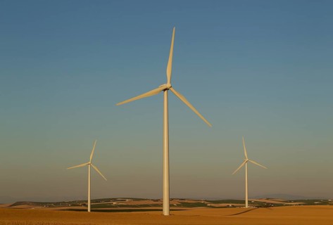 Windmills in the evening light on a wind farm near Sanlucar de Barrameda