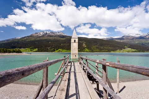 Steeple of Altgraun in the Reschensee reservoir
