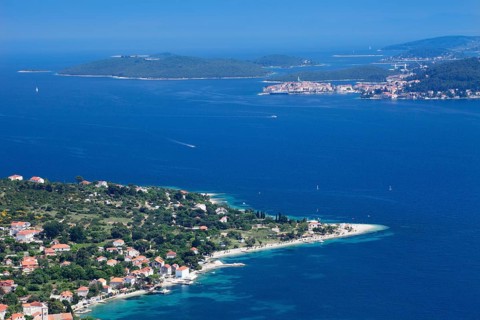View from the Peljesac Peninsula on the island of Korcula with the town of Korcula