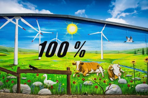 Wall of a house painted with a renewable energy theme