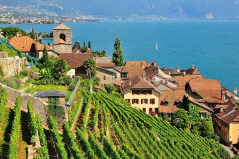 View over the wine-producing village and Lake Geneva towards Lausanne
