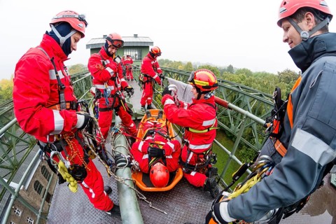 Firefighters practicing rescue from heights on the old Henrichenburg boat lift