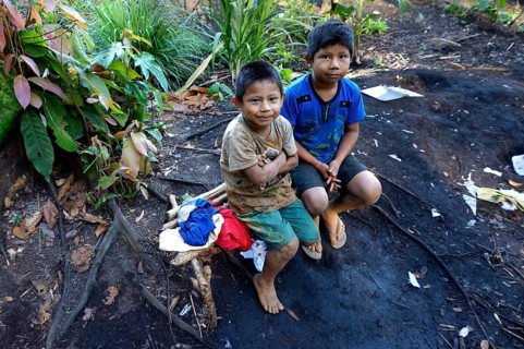 Two indigenous boys in the village of the Xavantes people