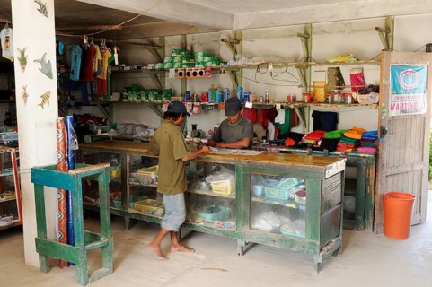 Kuna Indian men in a store in a Kuna Indian village