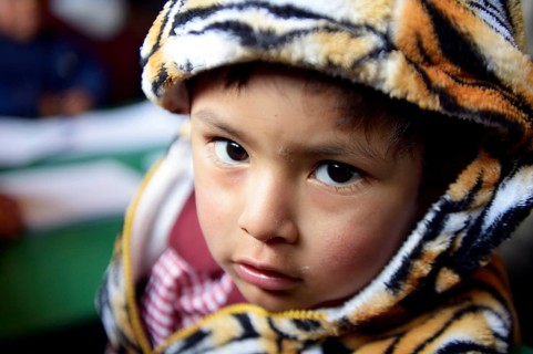 Boy wearing a hoodie with a tiger skin pattern