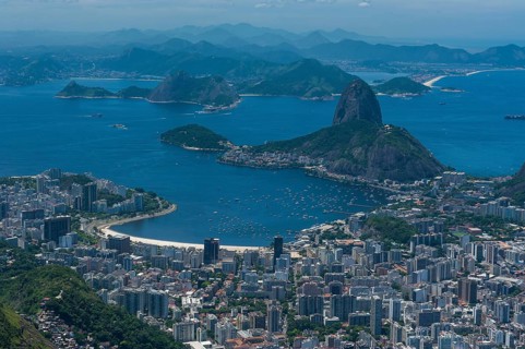 Outlook from the Christ the Redeemer statue over Rio de Janeiro and the Sugar Loaf