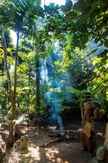 Traditional dressed man in the jungle standing near a fire