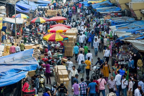 Crowded street with shops at Mangaldas Market