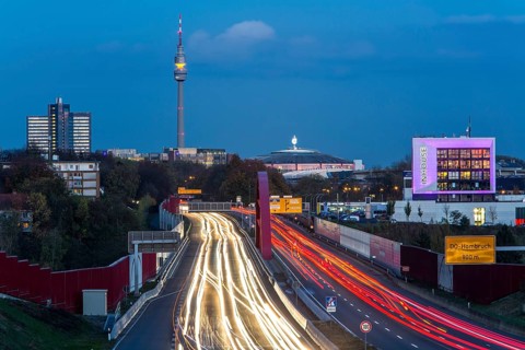 A40 motorway or Ruhrschnellweg with the skyline of Dortmund