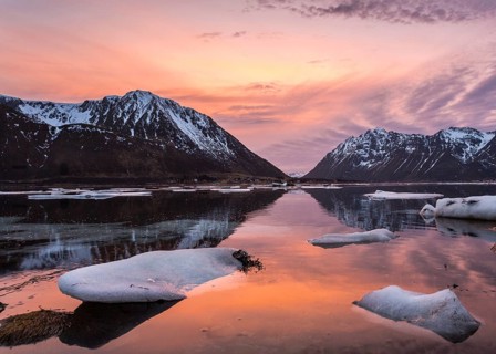 Sunset on the coast of Gimsoy in winter