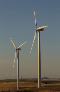 Windmills in the evening light on a wind farm near Sanlucar de Barrameda