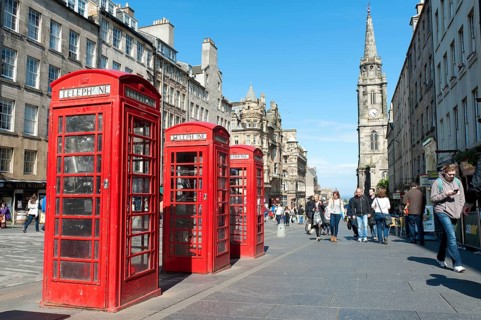 Red telephone booths in the historic centre
