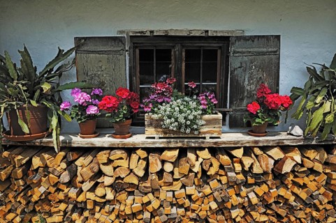 Windows behind a woodpile and flowers in Markus Wasmeier Farm and Winter Sports Museum