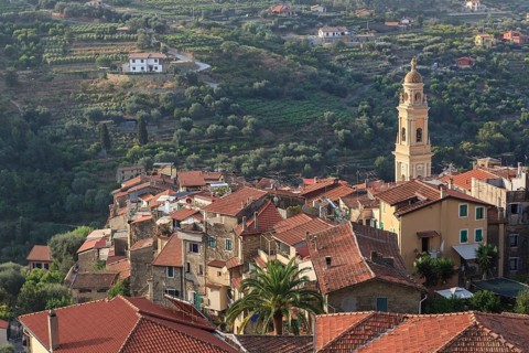 View over the red rooftops of Vallebona with the Church of San Lorenzo