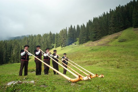 Group of alphorn players performing on a meadow in Justistal valley