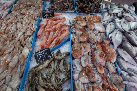 Display of a fishmonger at the Marche des Capucins market in the district of Noailles, Marseille