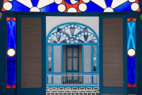 Ornaments above the balcony of a restored building