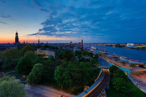 View of Hamburg and the Elbe River with the Elbbrucken underground station
