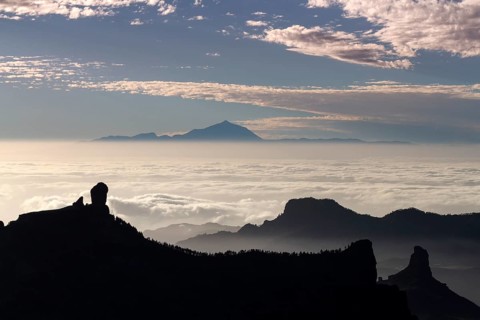 View from Pico de las Nieves in Gran Canaria across Roque Nublo to Mount Teide in Tenerife