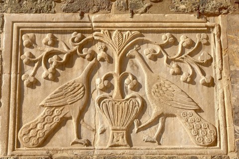 Carving of two peacocks on the facade of St Mark's Basilica