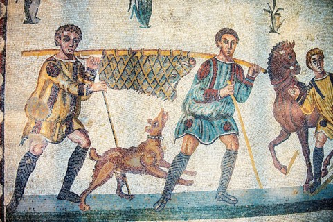 Ancient Roman mosaic of hunters returning from the hunt