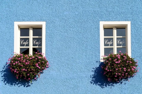 Windows labelled 'Cafe' with flowers