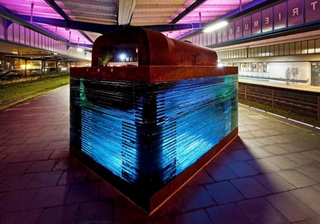 Iron and glass sculpture at the museum platform with the disused tracks 4 and 5 of Oberhausen central railway station