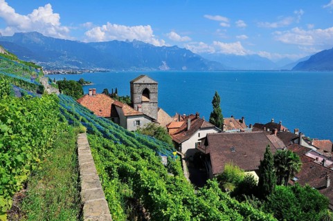 View over the wine-producing village and Lake Geneva towards the Swiss Rhone Valley