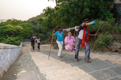Porters carrying Jain pilgrims up Mount Shatrunjaya