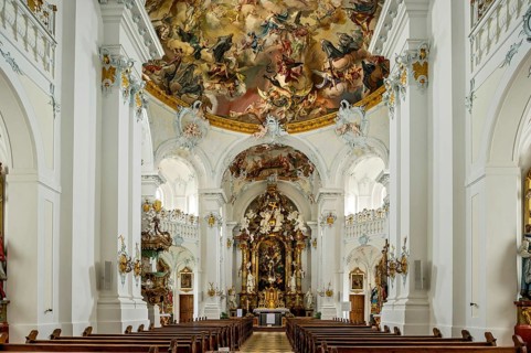 Nave of the Rott abbey church with the high altar by Ignaz Gunther and dome fresco 'Theatrum honoris' by Matthaus Gunther